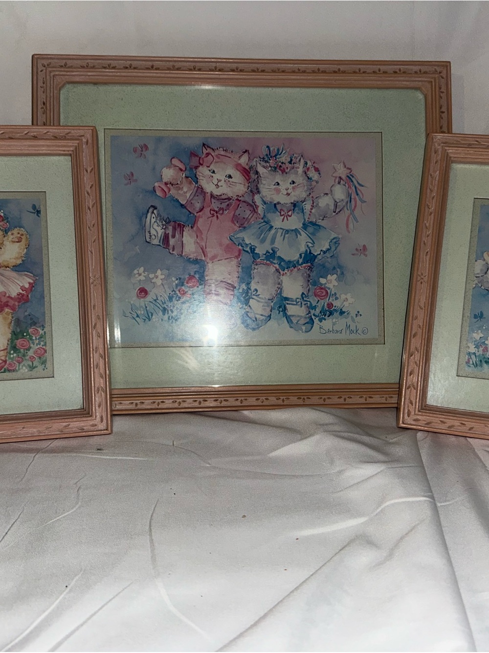 Barbara Mock Cat Prints Set of 3 Pink Framed Cottagecore Wall Art